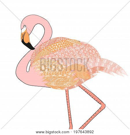 Flamingo zentangle hand drawn colored graphic illustration.