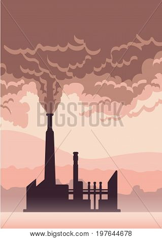 Environmental pollution poster. Cloud of smoke from a factory chimney. Vector illustration with copy space.
