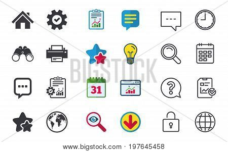 Home main page and globe icons. Printer and chat speech bubble with suspension points sign symbols. Chat, Report and Calendar signs. Stars, Statistics and Download icons. Question, Clock and Globe