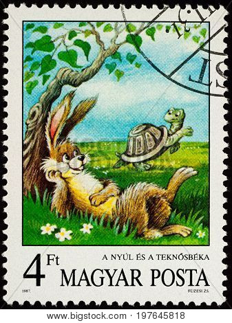 Moscow Russia - July 30 2017: A stamp printed in Hungary shows scene from a fable 