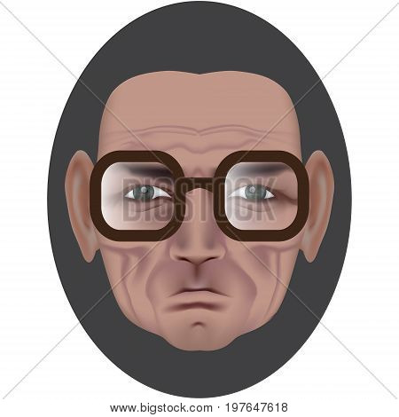 The Face Of An Old Man With Deep Wrinkles And A Dimple On A Bully. Frowning Expression. Wise Old Man