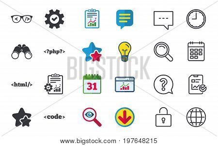 Programmer coder glasses icon. HTML markup language and PHP programming language sign symbols. Chat, Report and Calendar signs. Stars, Statistics and Download icons. Question, Clock and Globe. Vector