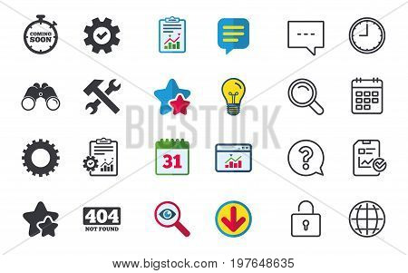 Coming soon icon. Repair service tool and gear symbols. Hammer with wrench signs. 404 Not found. Chat, Report and Calendar signs. Stars, Statistics and Download icons. Question, Clock and Globe