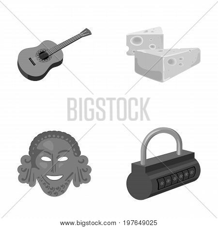 Guitar, cheese and other  icon in cartoon style.Theatrical mask, padlock icons in set collection.