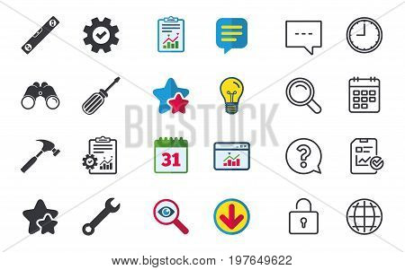 Screwdriver and wrench key tool icons. Bubble level and hammer sign symbols. Chat, Report and Calendar signs. Stars, Statistics and Download icons. Question, Clock and Globe. Vector