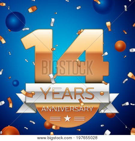 Realistic Fourteen Years Anniversary Celebration Design. Golden numbers and silver ribbon, confetti on blue background. Colorful Vector template elements for your birthday party. Anniversary ribbon