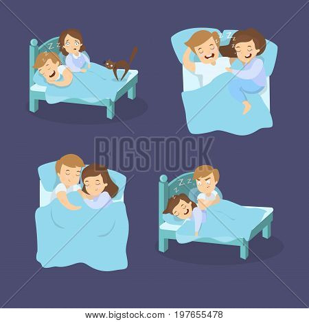 Snoring couples set. Man and woman suffers from snore.