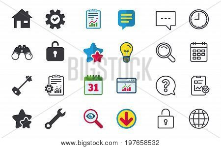 Home key icon. Wrench service tool symbol. Locker sign. Main page web navigation. Chat, Report and Calendar signs. Stars, Statistics and Download icons. Question, Clock and Globe. Vector