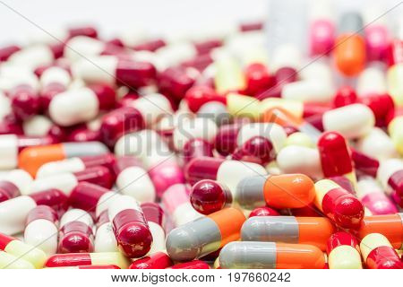 Colorful of antibiotic capsules pills drug resistance