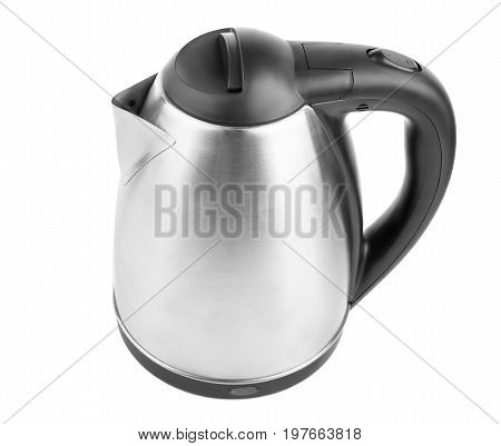 A shiny metal kettle isolated over the white background. An electric black and gray kettle. A new electrical kitchen equipment for preparing meals. Domestic utensil. Household technologies.