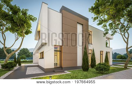 3D Rendering Of Modern House At Evening
