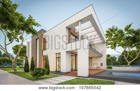 3D Rendering Of Modern House At Evening