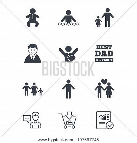 People, family icons. Swimming pool, love and children signs. Best dad, father and mother symbols. Customer service, Shopping cart and Report line signs. Online shopping and Statistics. Vector