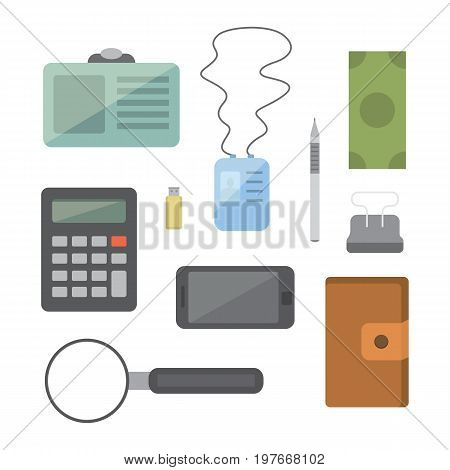 Workplace with mobile devices and documents. Office personal and Business Icons vector set. work table with gadget laptop flat illustration iolated