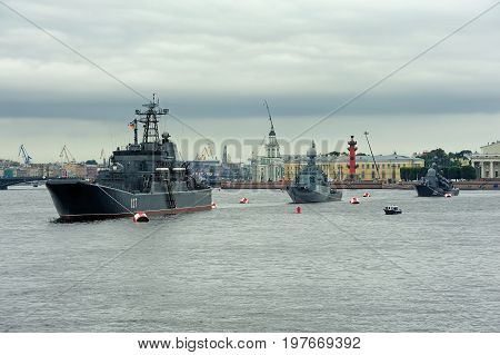 Saint Petersburg RUSSIA - July 30 2017: large landing craft Minsk anti-submarine corvette Urengoi and large missile boat Dimitrovgrad during a naval parade for Navy Day celebration