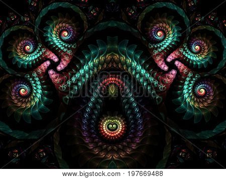 Abstract multicolored spiral fractal pattern. Computer generated graphics.