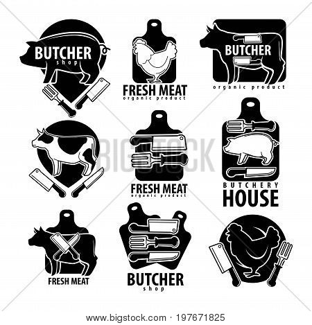 Butcher shop with fesh meat isolated monochrome emblems set. Fat pig, cock and hen silhoettes, big cow, wooden cutting board, sharp knife and fork with plastic handle isolated vector illustrations.