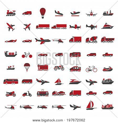 Vehicles of all kinds big illustrations set in red colors. Powerful aircrafts, comfortable railway transport, speed cars, big trucks and seagoing vessels isolated minimalistic vector illustrations.