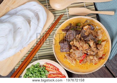 Thai Food - Thai Rice Noodles with Chicken Curry in Coconut Milk 