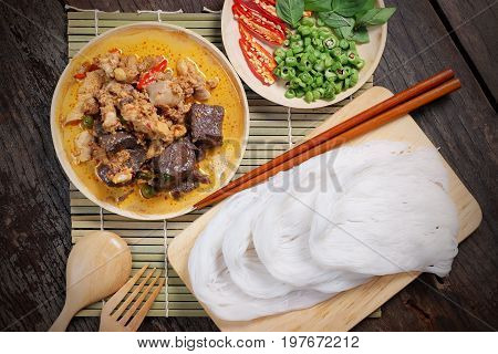 Thai Food - Thai Rice Noodles with Chicken Curry in Coconut Milk 