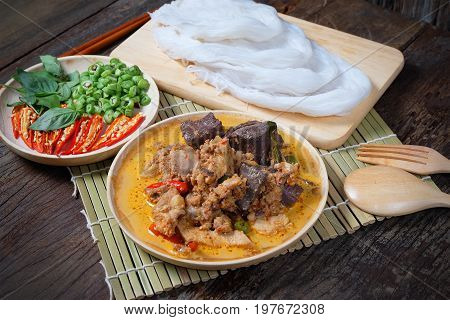 Thai Food - Thai Rice Noodles with Chicken Curry in Coconut Milk 
