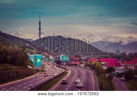 Almaty, Kazakhstan - May 6: Kok Tobe Hill And Tv Tower. City View On May 6, 2017 In Almaty, Kazakhst