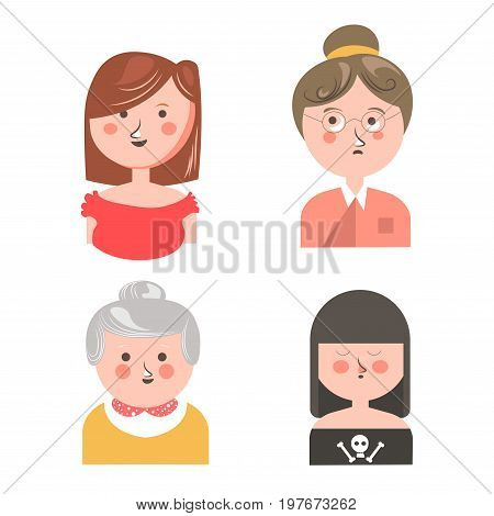Cheerful girl in red dress, middle-aged woman in eyesight glasses, cute granny with grey hair in yellow jacket, gothic teenager with dark hair and skull on shirt isolated vector illustrations set.