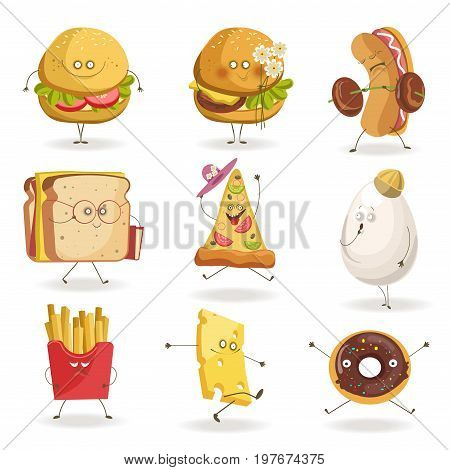 Cartooon fast food characters with cheerful human face expressions. Cheeseburger smiling or holding flowers, hod dog with barbell and sandwich with book, grateful pizza hat. Vector flat icons set