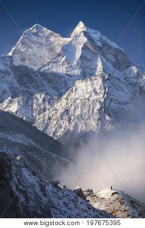 Nepal, Everest Region, view of Kantega peak (6,782 m) from the hill near Pheriche village (4,371 m).