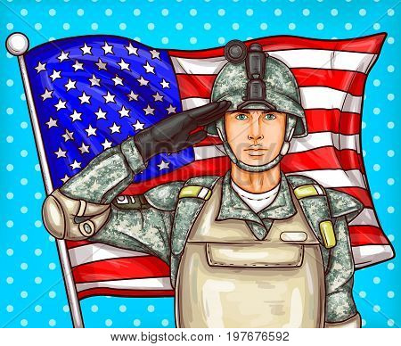 Vector pop art patriotic illustration a male soldier in bulletproof vest and helmet render military salute against a fluttering American flag. Template for Independence Day, Memorial Day and Flag Day