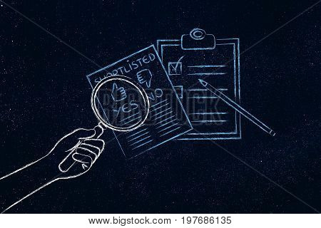 Hand With Magnifying Glass Analyzing Shortlist, Comparing Candidates