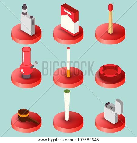 Smoking flat isometric set. Vector illustration, EPS 10