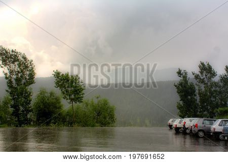 View the evening of the rainy day,car park,Kashmir ,Indian