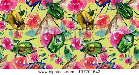 Exotic beetle bronzovka wild insect pattern in a watercolor style. Full name of the insect: beetle bronzovka. Aquarelle wild insect for background, texture, wrapper pattern or tattoo.