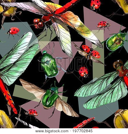 Exotic beetle bronzovka wild insect pattern in a watercolor style. Full name of the insect: beetle bronzovka. Aquarelle wild insect for background, texture, wrapper pattern or tattoo.