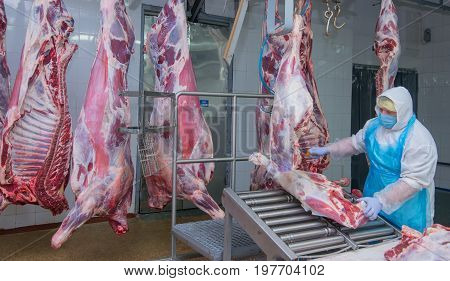 Mogilev Belarus - July 24 2017: Cutting Meat Slaughterhouse Workers In A Meat Factory