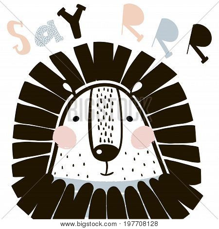 Cute cartoon lion in scandinavian style. Childish print for nursery kids apparelposter postcard. Vector Illustration