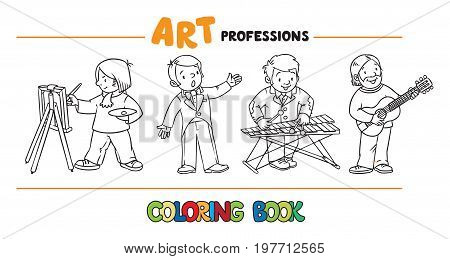 Coloring picture or coloring book set off funny artist or painter with paintbrush, musician with guitar, vocalist or singer and xylophonist. Profession series. Children vector illustration.