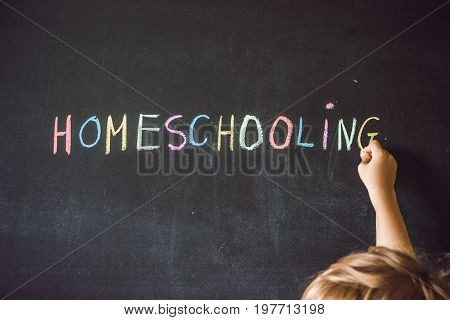 Homeschooling. Child Pointing At Word Homeschooling On A Blackboard