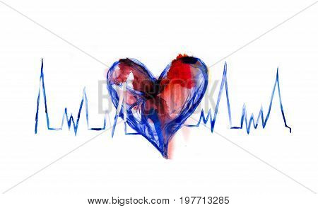 Heart symbol and puls trace line. Medical and health concept background.  Watercolour textured collection.