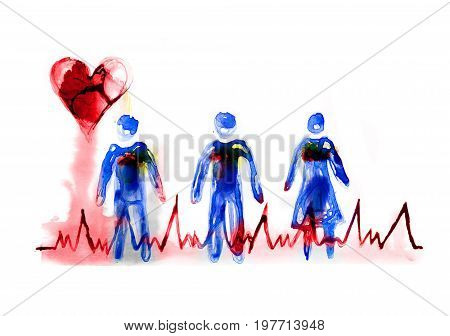 Abstract people made of beautiful watercolour effects. Heart symbol and puls trace line. Medical and health concept background.  Watercolour textured collection.