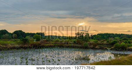 Beautiful Panorama View Of Sunset Background In The Countryside Of Thailand.