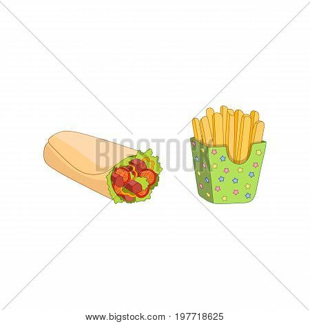 Vector shawarma roll and french fries set. Fast food flat cartoon isolated illustration on a white background. shawarma with chicken, tomato salad lettuce and potato fry in paper box