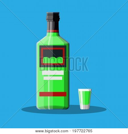 Bottle of absinthe with shot glass. Absinthe alcohol drink. Vector illustration in flat style