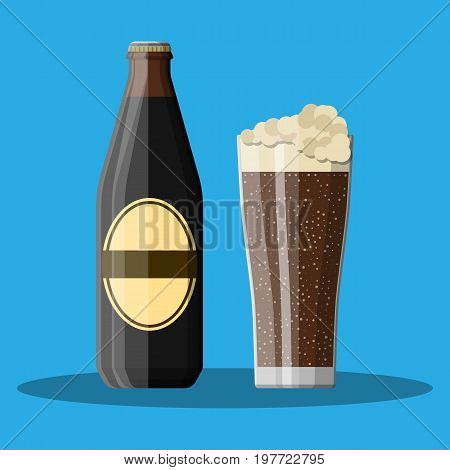 Bottle of dark stout beer with glass. Beer alcohol drink. Vector illustration in flat style