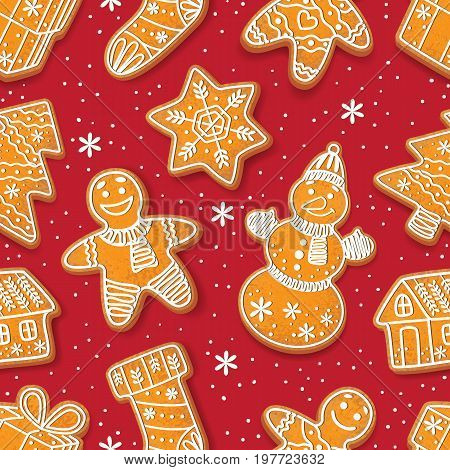 Seamless pattern formed by glazed homemade Christmas gingerbread cookies on red background, cartoon vector illustration. Christmas gingerman, boot, tree, house, snowflake. snowman gingerbread cookies