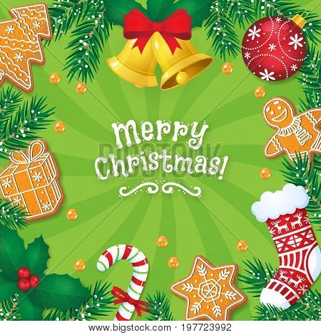 Merry Christmas greeting card, postcard, banner design with gingerbread cookies, bells, candy cane, cartoon vector illustration. Christmas banner, card design with Xmas decoration elements