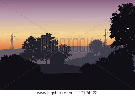 Vector illustration of a landscape with trees and columns of a power line under the sky with clouds and dawn
