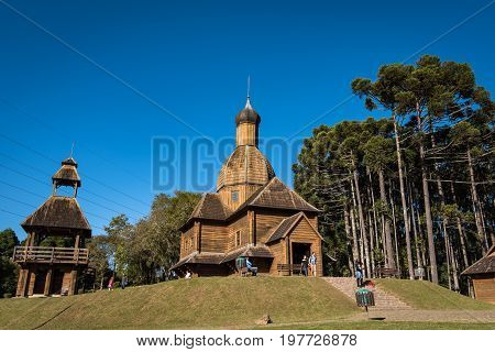 Curitiba, Brazil - July 21, 2017: Ukrainian Catholic Church is a tribute to European immigrants in Curitiba, and is located in Tingui Park, open for public as a museum and memorial.