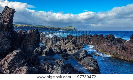 Wide angle of volcanic coast in Biscoitos, Terceira, Azores, Portugal